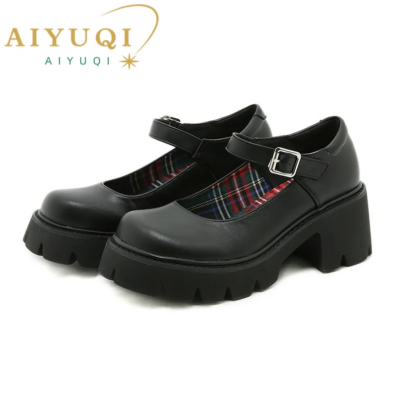 AIYUQI Mary Jane ladies 2024 Autumn New Patent Leather Thick-soled High-Heel Women\'s Loafers One-word Buckle Shoes Girl Students