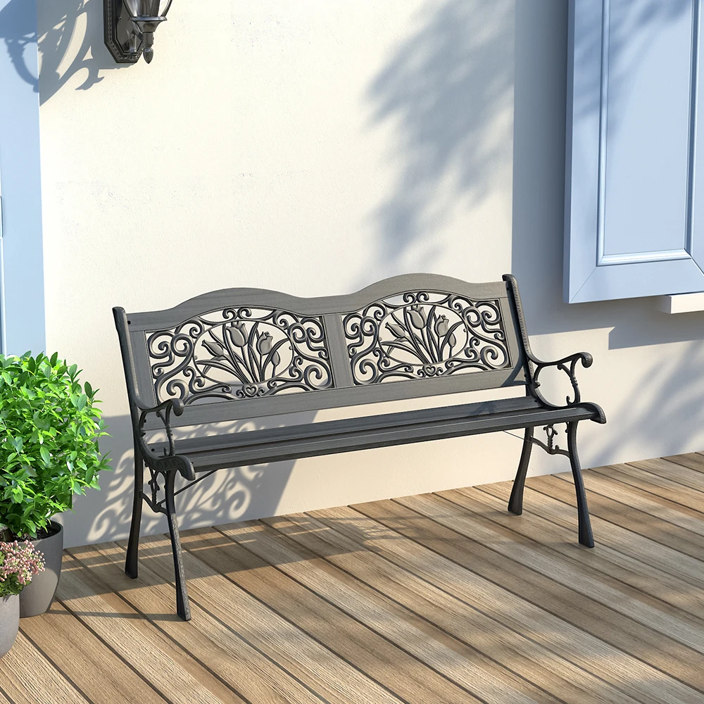 Black Metal Frame Wood Garden Bench Outdoor Furniture