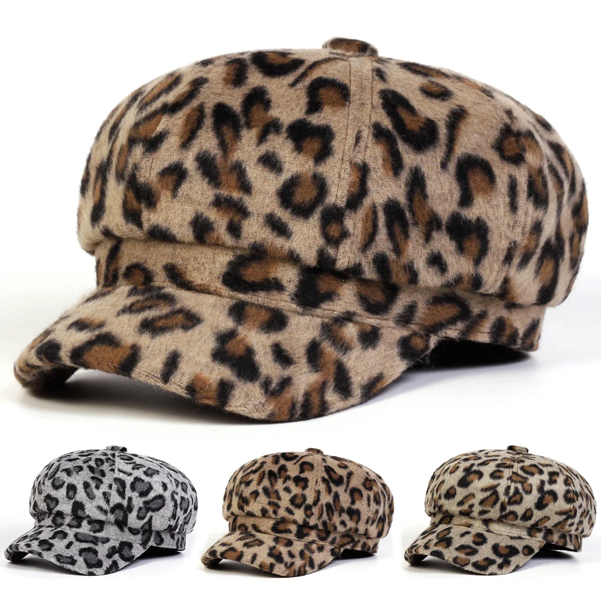 Unisex Plush Leopard Print Personality Newsboy Hat Spring Autumn Retro Beret Hats Wild Casual Hats Octagonal Cap