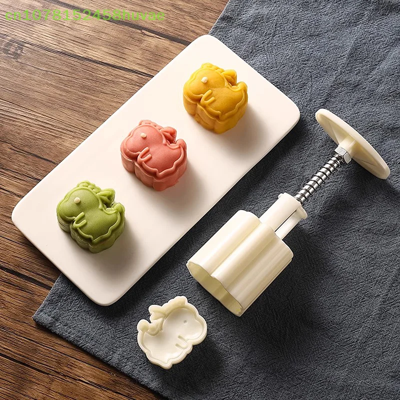 1 conjunto de molde de bolo lunar de dinossauro de desenho animado, molde criativo de selos de pastelaria, prensa manual, pasta de feijão animal, molde de bolo, ferramenta de assar diy
