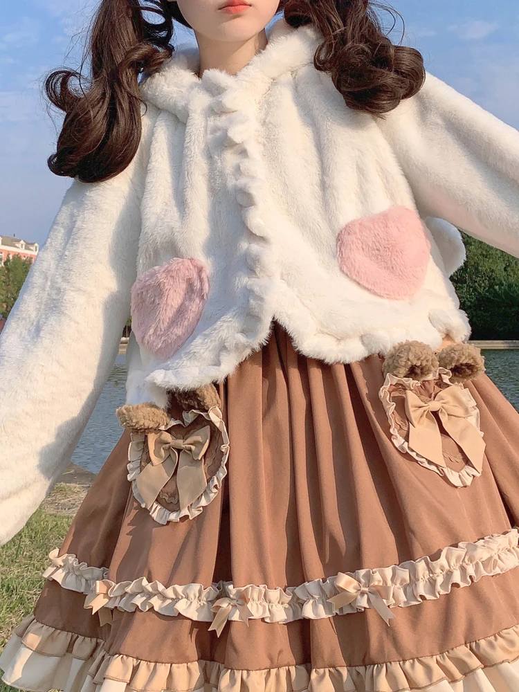 

KIMOKOKM Japanese Winter Preppy Style Soft Girly Sweetheart Outerweat Sweet Cartoons Cute Rabbit Ear Hooded Kawaii Lambhair Coat