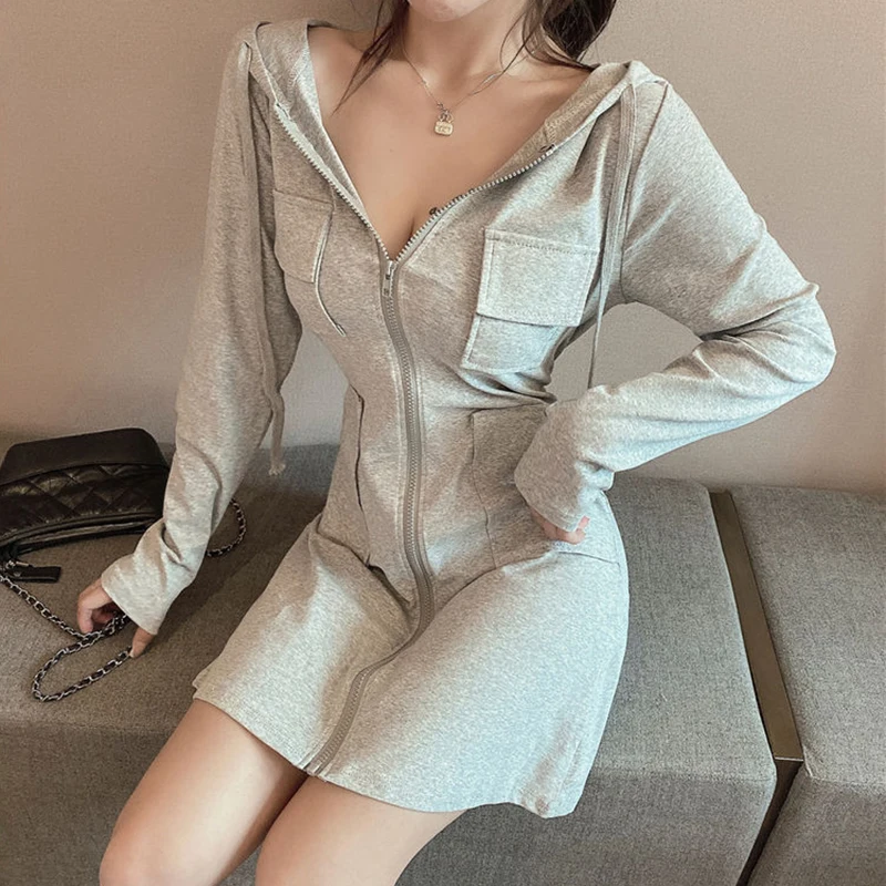 Sexy Hoodies Long Sleeve Sweatshirt Women 2023 Autumn Winter Pockets Zipper Hooded Dress Woman Korean Style Tunic Solid Coats