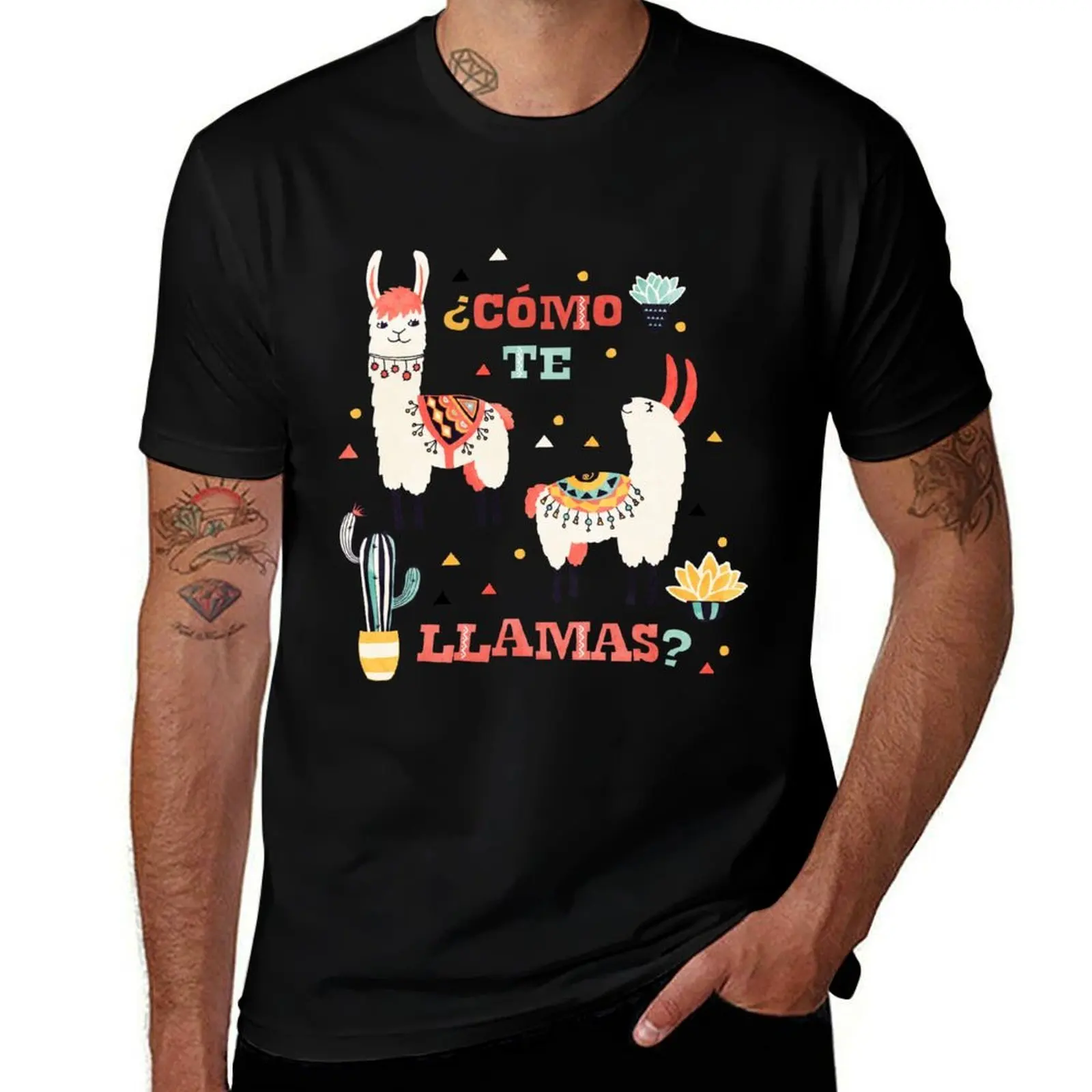 Como te Llamas. Funny Spanish Word Humor. Potted Cacti and two Llamas T-Shirt Dry Fit Athletic Short Sleeve Shirt