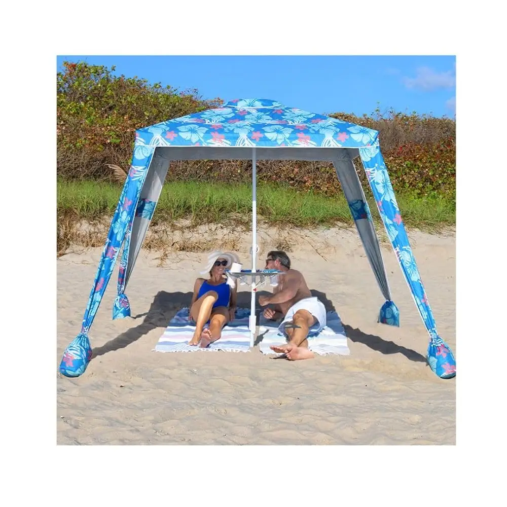 

6X6 Easy Up Cabana – Sun Shelter With Privacy Wall, Canopy With Umbrella Table Tray, Towel Hanger & Sand Anchor (Flowers)