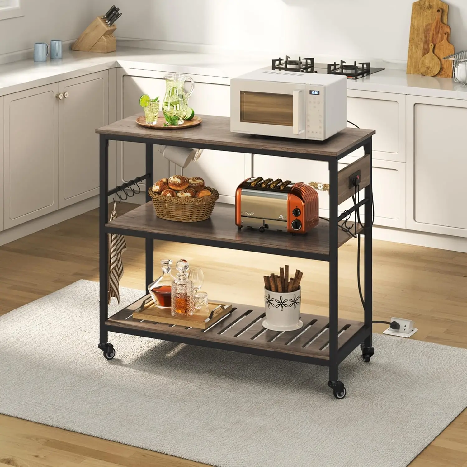 Kitchen Island Cart with Power Outlet, Kitchen Carts on Wheels with Storage, 3-Tier Microwave Stand with Foodpads
