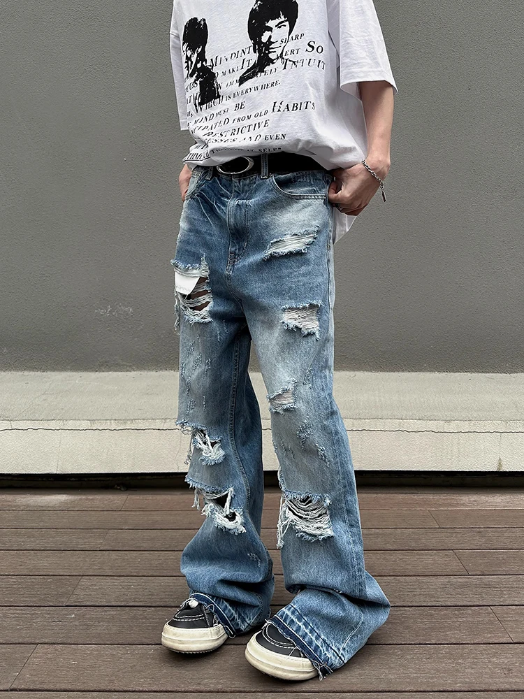 

Мужские джинсы в стиле ретро в американском стиле High Street, длинные брюки Bell Bot Distred, летняя модная повседневная одежда, молодежная одежда