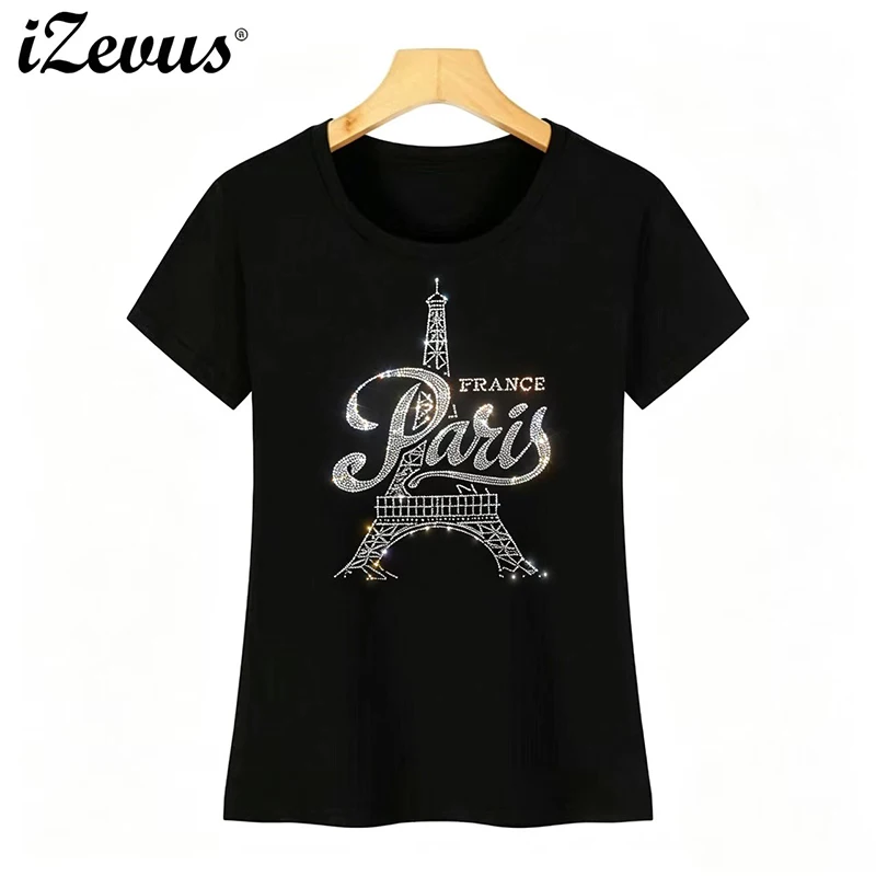 IZEVUS Diamond Titan Women's Summer T-shirt Crystal Diamond Stitching Fashion Short-Sleeved Casual round Neck Top