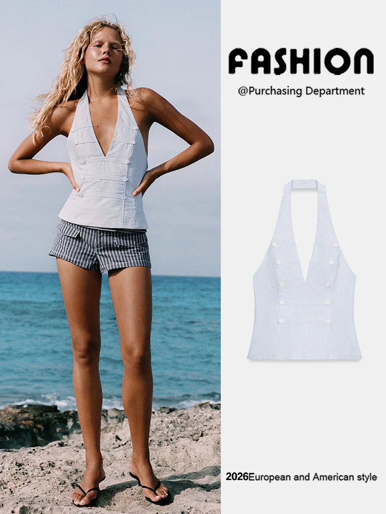 Fashionable V-neck Button Decorated Hanging Neck Collar Top Women's New Arrival Summer Clothing Regular Length Sleeveless