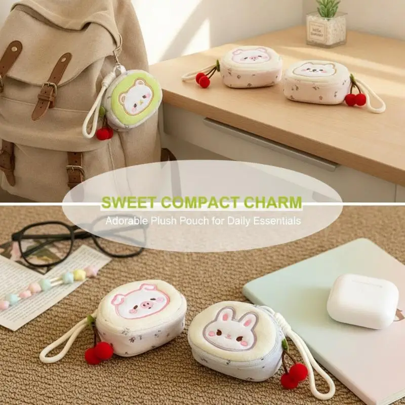 1Pcs Cute Cartoon Animal Plush Coin Purse Cherry Embroidery Mini Zipper Wallet Durable Sturdy Small Wallet for Daily Storage