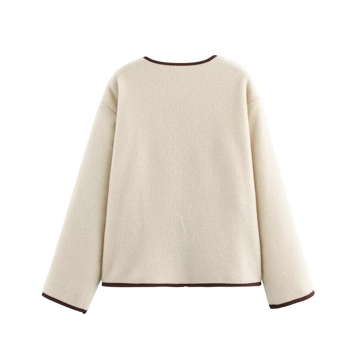 Round Neck Contrast Binding Fleece Jacket Front Self Tie Bow Closure Side Pockets Loose Long Sleeve Casual Short Coat 260602