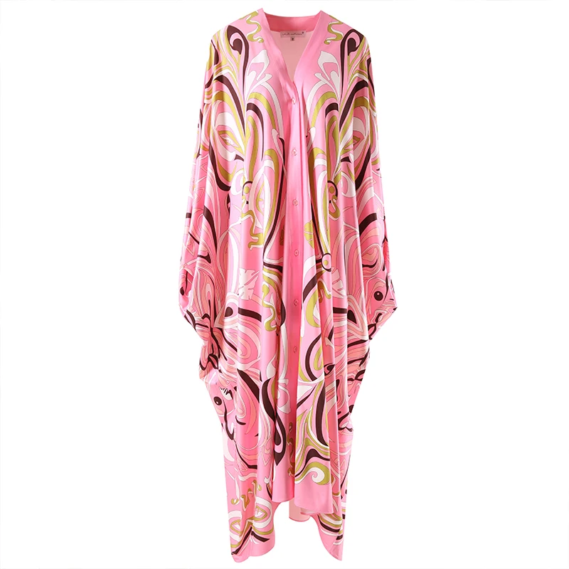 Fashionable Party Casual Bat Sleeve Dress Striped Printed Pink Robe Party Cocktail Beach High Quality Silk Cloak