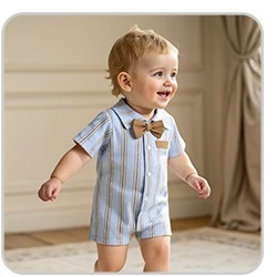 

Boys Clothing 2026 Summer New Korean Version Tie Short Sleeved Baby Jumpsuit Thin Striped Crawling Suit