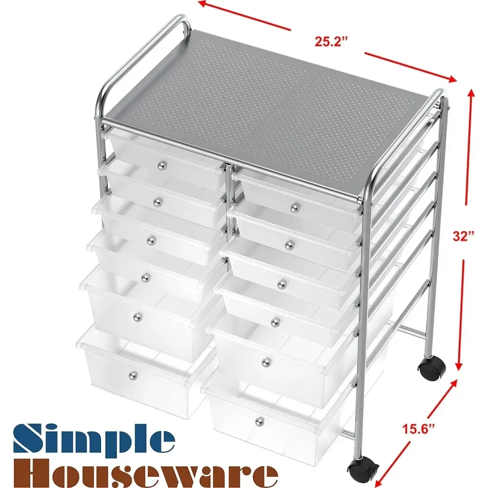 LUtility Cart With 12 Drawers Rolling Storage Art Craft Organizer On Wheels，Storage Drawers