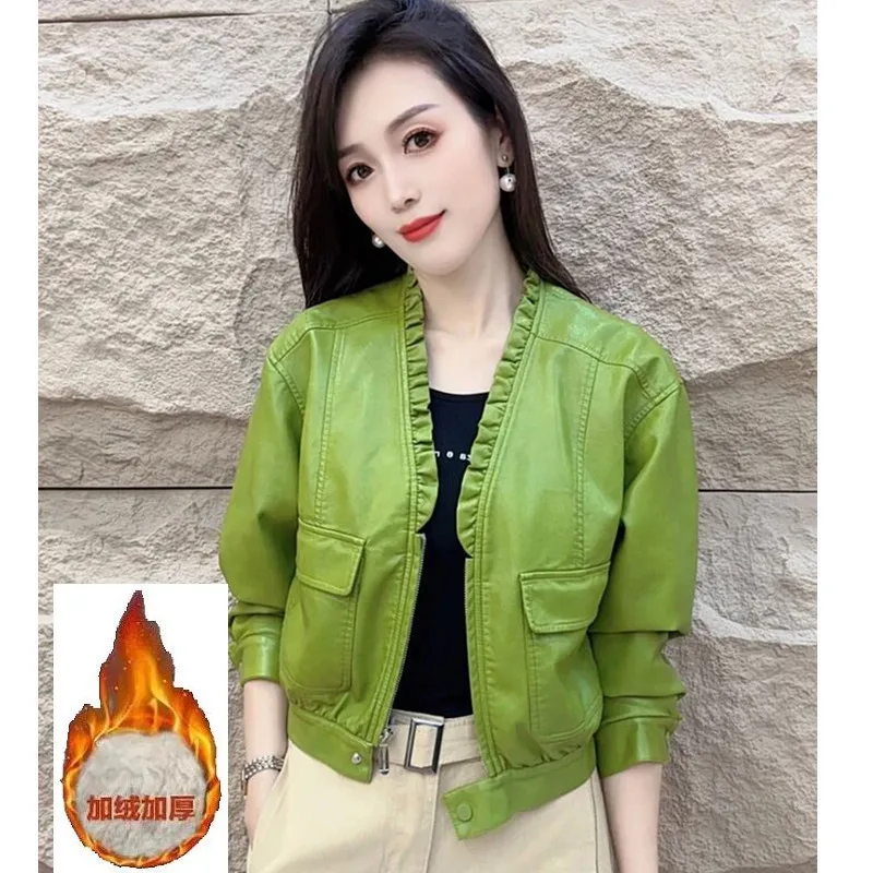 2026 Spring Autumn Short Leather Jacket for Women Fashion Solid Color Lace V-neck Loose PU Leather Jacket Top Motorcycle Coat