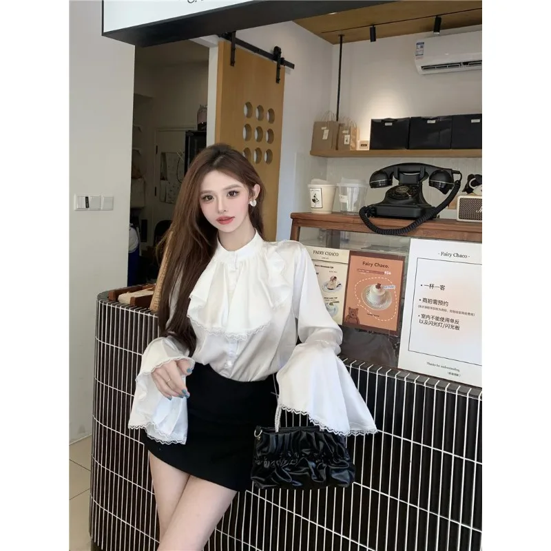 เสื้อเชิ้ตแขนบานผ้าชีฟองลูกไม้สำหรับผู้หญิง รุ่นใหม่ ดีไซน์หรูหรา ทรงหลวม ช่วยพรางหุ่น รุ่น TT987