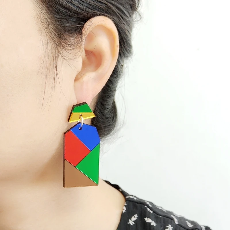 KUGUYS Fashion Color Matching Geometry Drop Earrings for Women Mirror Acrylic Jewelry Accessory