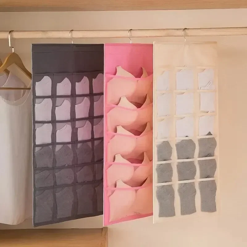

2-sided Hanging Storage Bag Underwear Socks Bras Home Use Wardrobe Hanging Bag Pink Beige Modern Simple Style Traveling