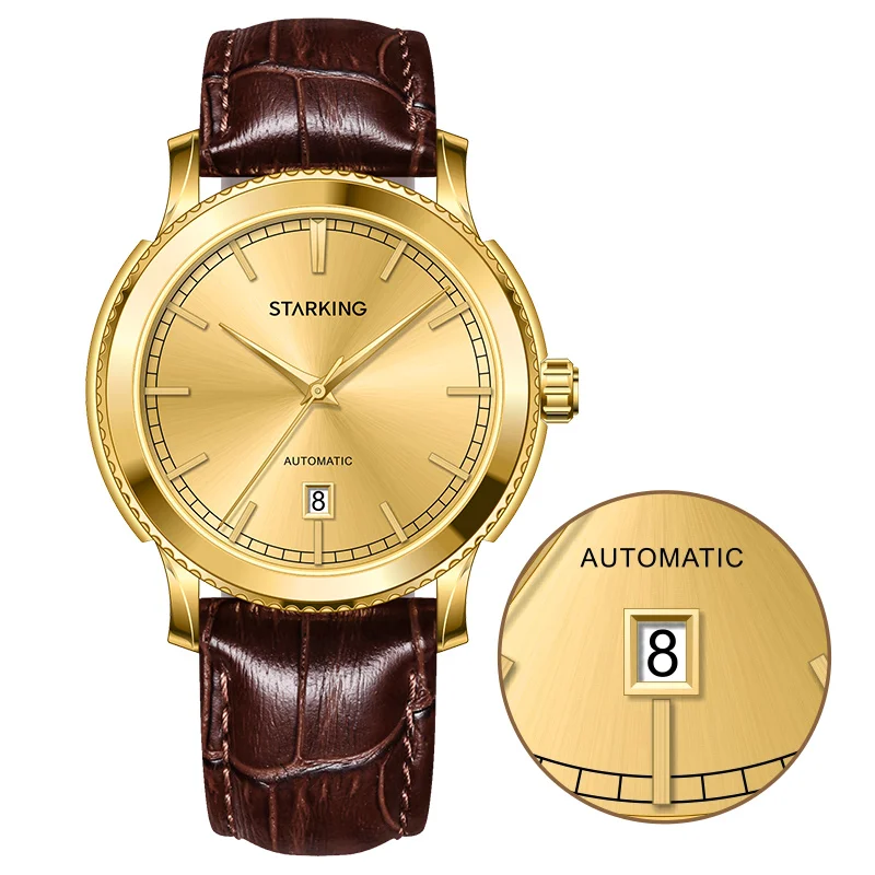 

STARKING Casual Gold Luxury Men's Automatic Watch Luminous Sapphire Glass Stainless Steel Case 30M Waterproof Date Wristwatch