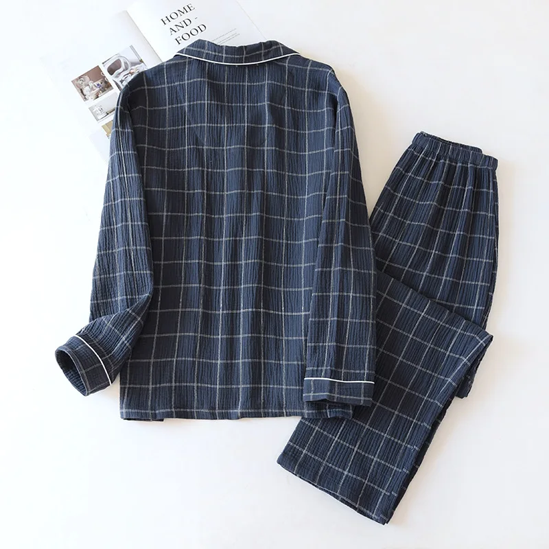 New men\'s plaid home service suit 100% cotton crepe cloth pajamas long-sleeved trousers simple two-color plus size home service