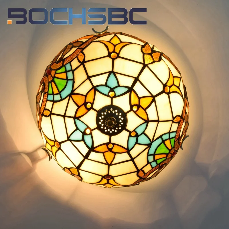 BOCHSBC Tiffany style stained glass Yellow Baroque 12inch overhead light for living room bedroom hallway ceiling light LED decor