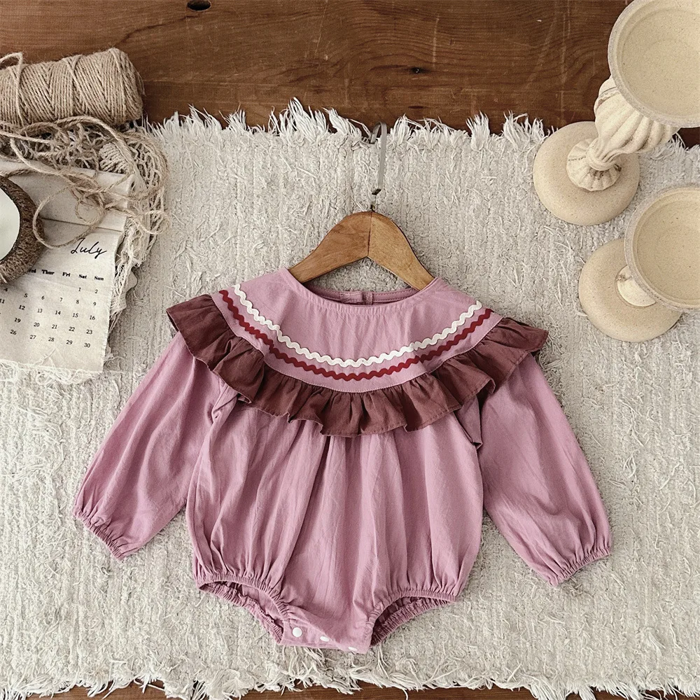 MILANCEL New Baby Autumn Bodysuit Infant Girls Cute Pink Flounce Jumpsuit Toddler Thin Style Color Block One Piece