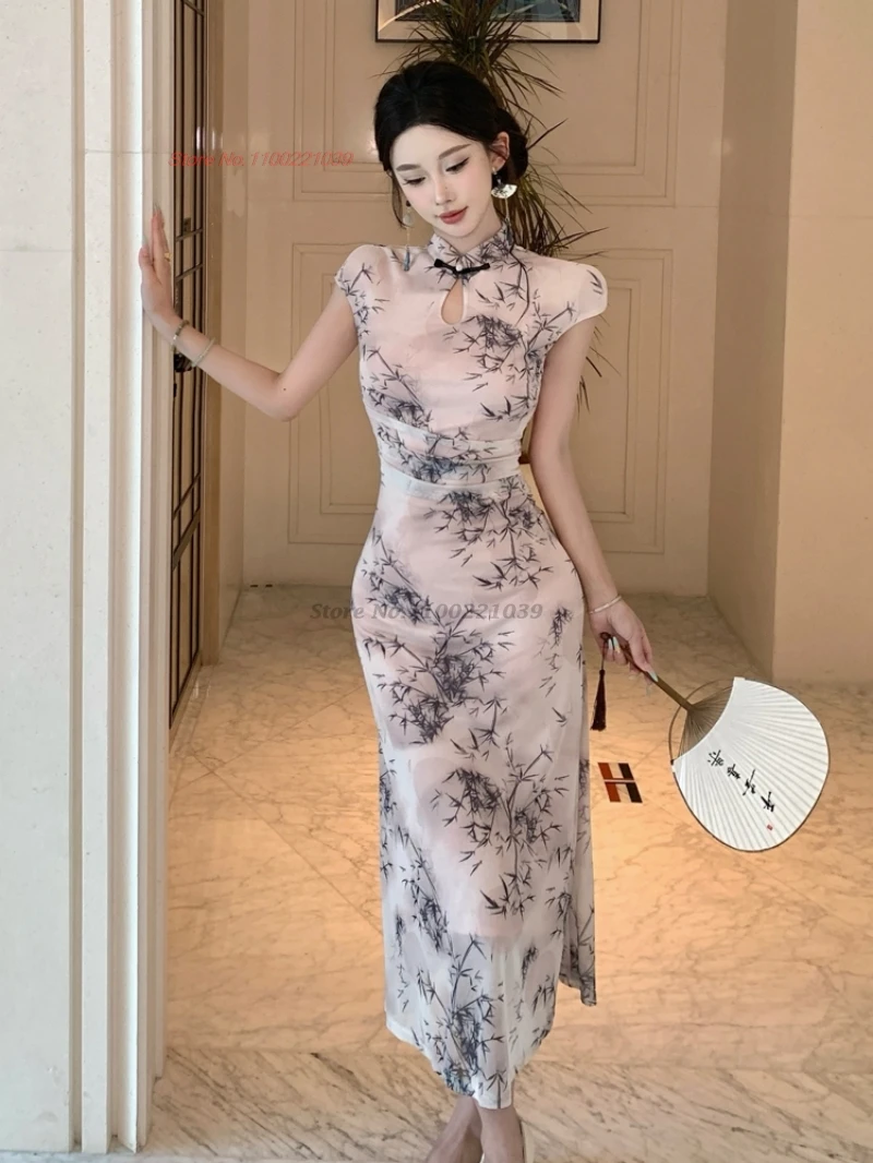 

2026 восточное народное платье, улучшенное Cheongsam, традиционное сетчатое Ципао с цветочным принтом, облегающее вечернее платье в стиле ретро для ночного клуба, Ципао