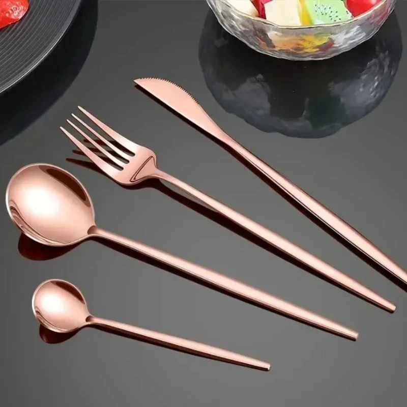 4PCS Stainless Steel Rose Gold Knife Fork and Spoon Tableware Set Steak Fruit Soup Suitable for Family Restaurants Easy Clean