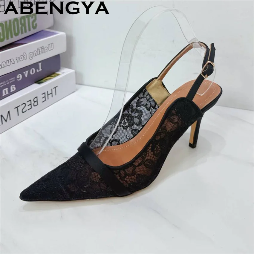 Lace Clothes Pointy Toe High Heels Sandals Women Black White Shallow Mouth Gladiator Sandals Woman Summer Sexy Dress Shoes Mujer view 5