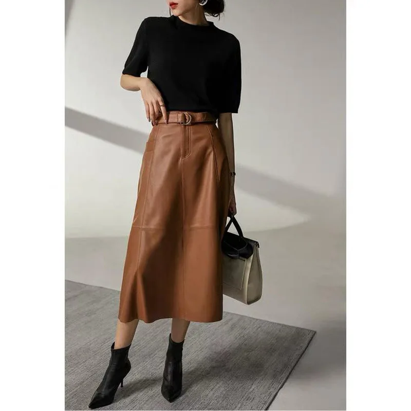 Womens Clothing Modern Fashionable Faldas Mujer Sheepskin Leather High Waist Show Thin Belt Pocket Umbrella Skirt Jupe Mi Longue