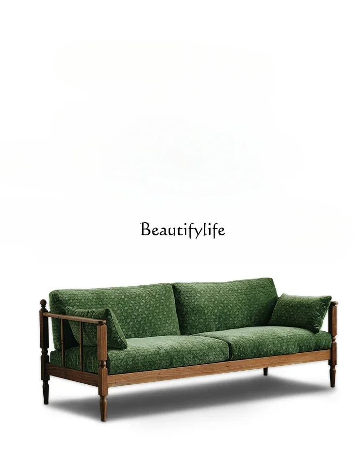 pg45Solid Wood Sofa Retro Three-Seat Green Fabric Black Walnut Wooden Furniture