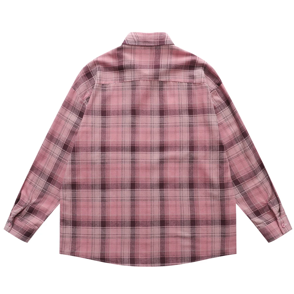 Pink Plaid Cotton Shirt Men Button Up Casual Men Women Shirts Long Sleeve