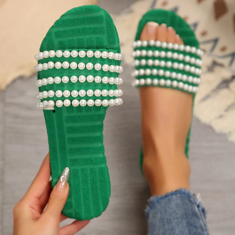 Women Slippers Large Size Flat Bottom Sandals Pearl Rhinestone Slippers Summer Outdoor Beach Wear Shoes Slip-On Slides Women