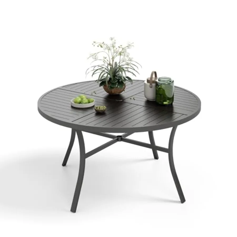 Patio Round Table w/Umbrella Hole, Metal Table for 6, Black Rust-Resistant Powder-Coated Finish, Sturdy Steel Construction, All