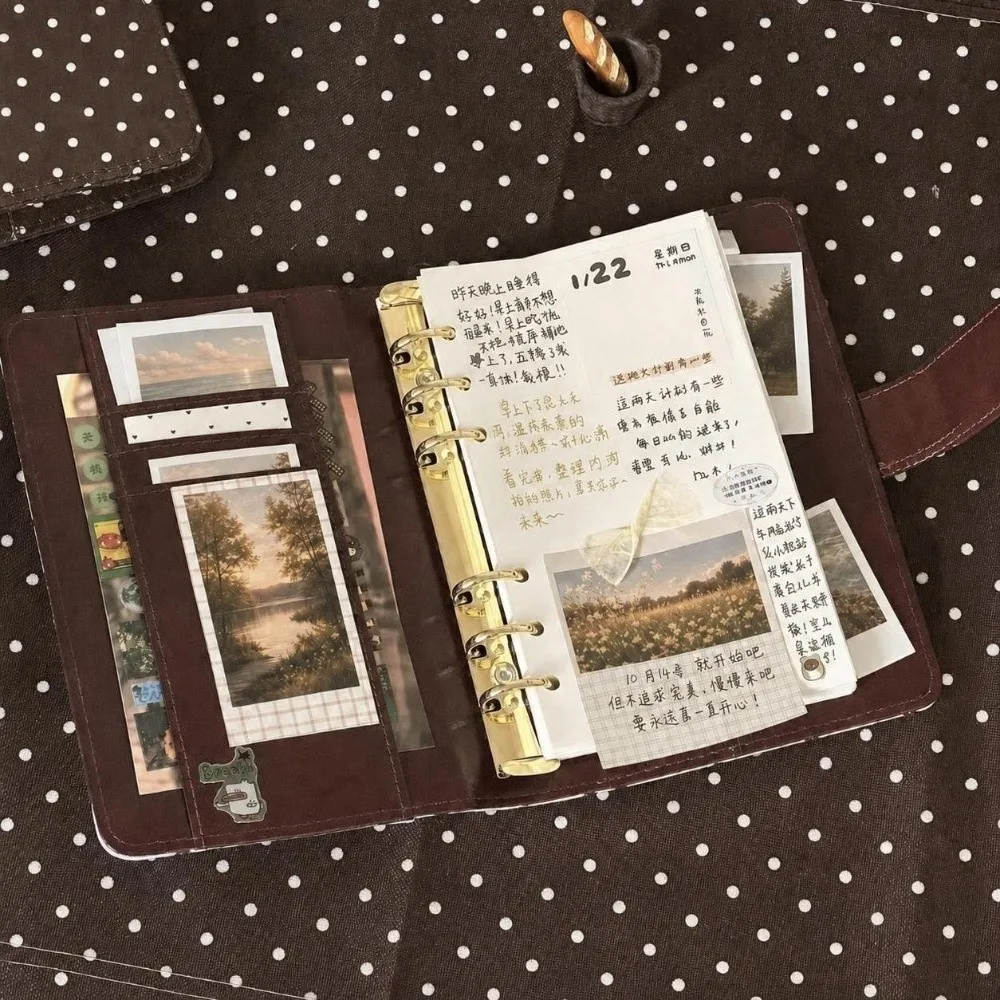 Durable Polka Dot Print A7 Binder Notebook Fabric Cover Snap Button Closure Loose Leaf Journal Diary Book Students