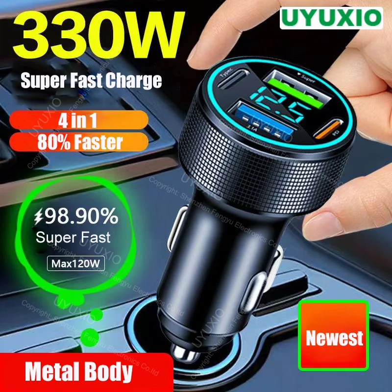 

UYUXIO Многопортовый USB C Автомобильное зарядное устройство Адаптер Dual PD 30 Вт с дисплеем напряжения Металлический корпус Супер быстрый для iPhone 16 15 Samsung