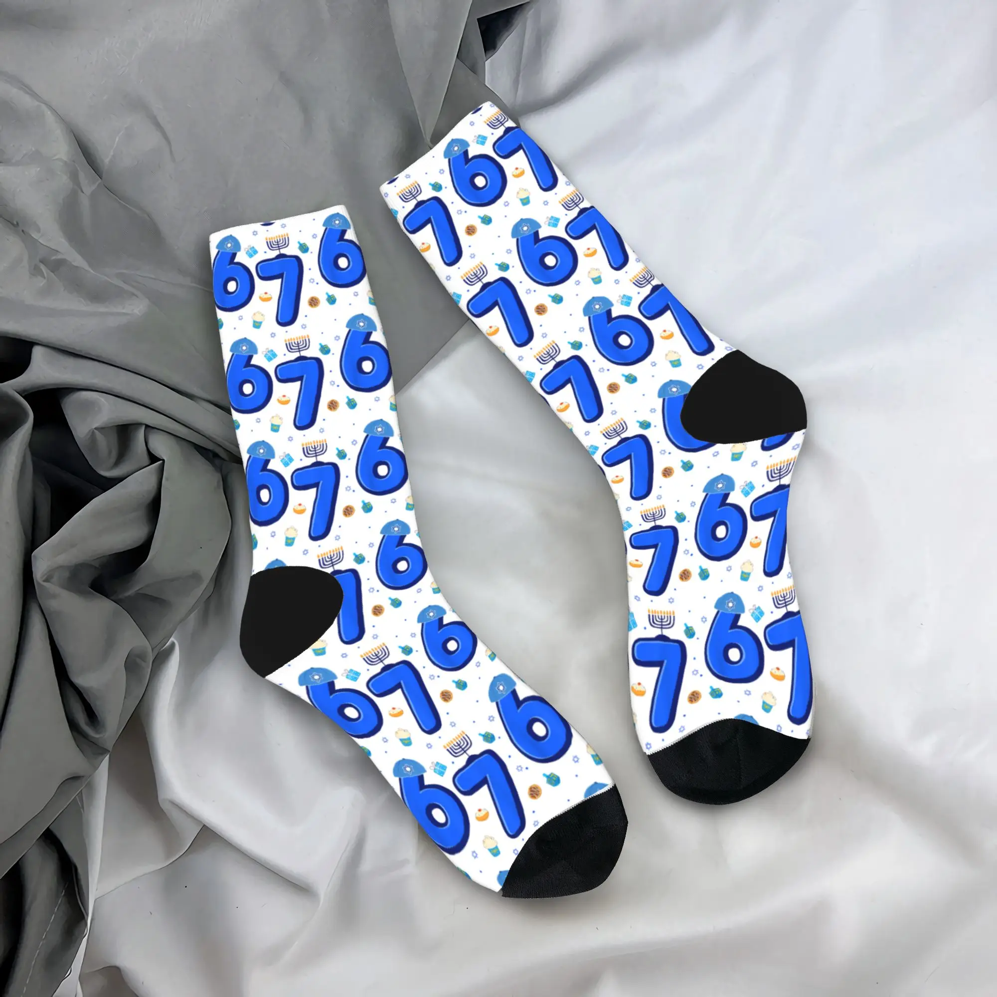 하누카 메노라 드레이델 67 식스 세븐 밈 축제용 하누카 양말 디자인 스타킹 미끄럼 방지 남성용 양말 따뜻하고 부드러운 겨울 양말