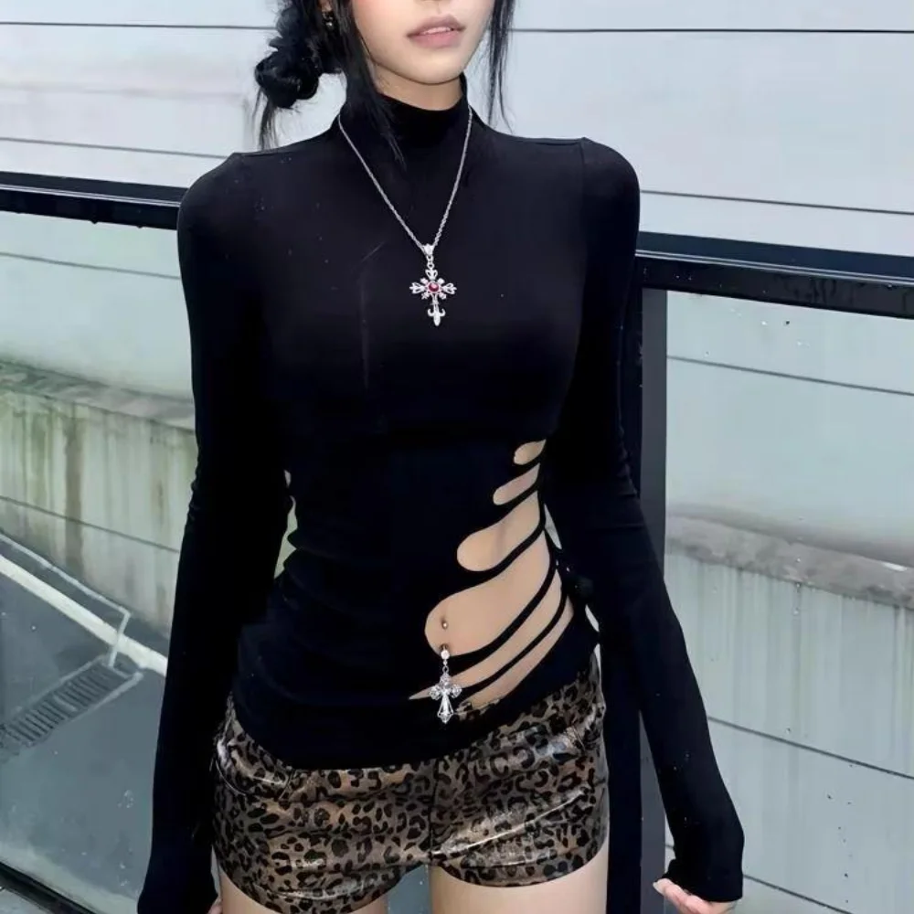 Y2k Turtleneck T-shirt Women Slim Cut Out Long Sleeves 2000s Clothes Gothic Harajuku Streetwear Clothing Chic Sexy Cropped Tops