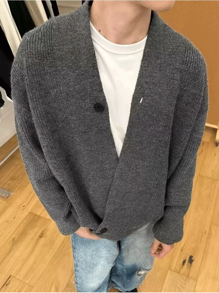2026 Fall Knitted Cardigan Mens Stylish Buttoned Solid Color V Collar Outerwear Men Daily Casual Knit Long Sleeve Coats
