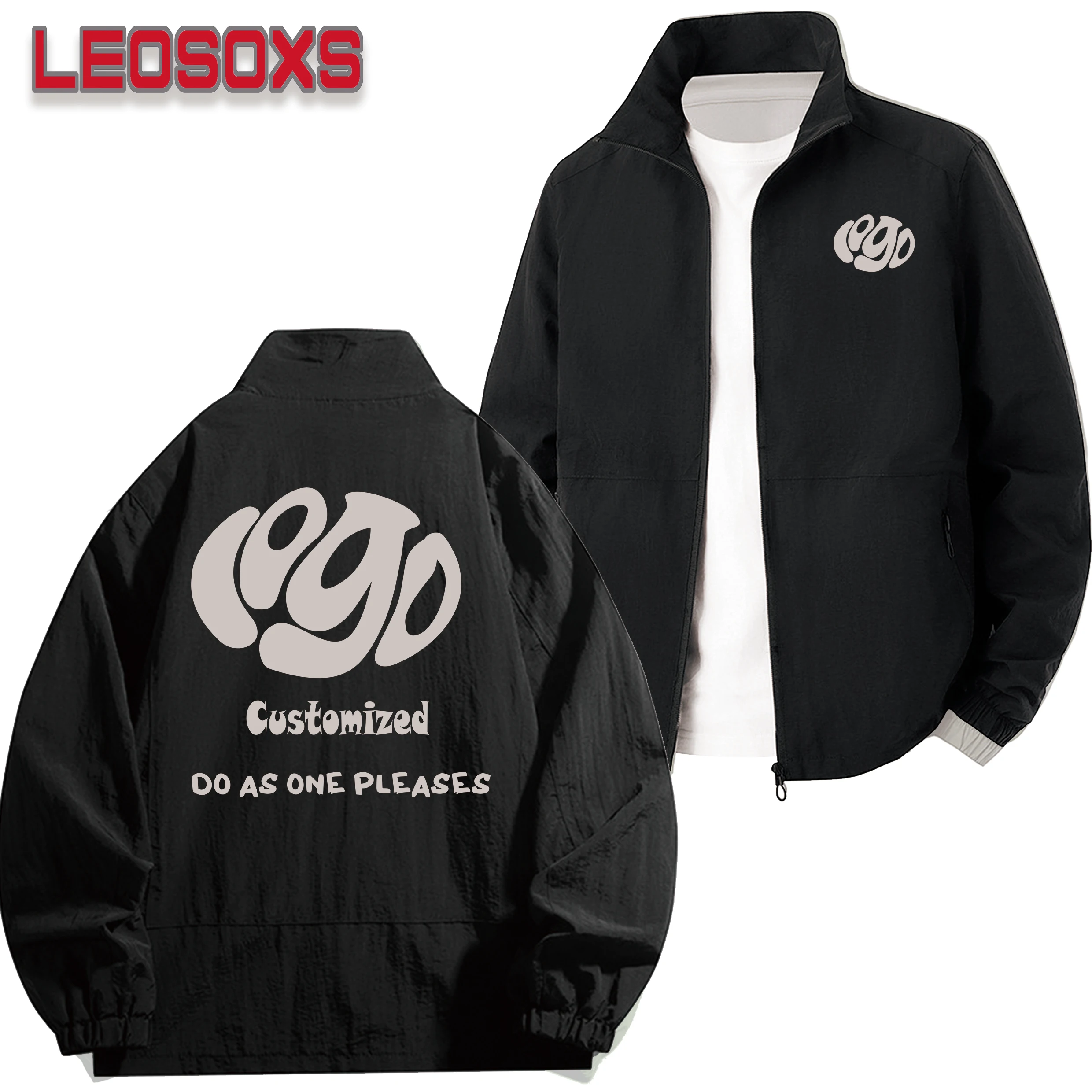 DIY Custom Logo Men's Stand-Up Collar Casual Zip-Up Jacket, Sun Protection Sports Jacket, Windproof and Waterproof Jacket