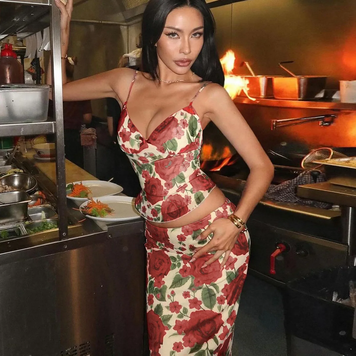 YUZHEXI 2025 fashion V-neck camisole top long dress set women summer elegant floral two piece matching suit red