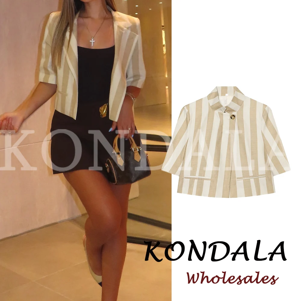 KONDALA Chic Fashion 2026 Khaki Office Lady Women Blazer Elegant Modern Striped Short Blazers Streetwear Luxurious Summer Jacket