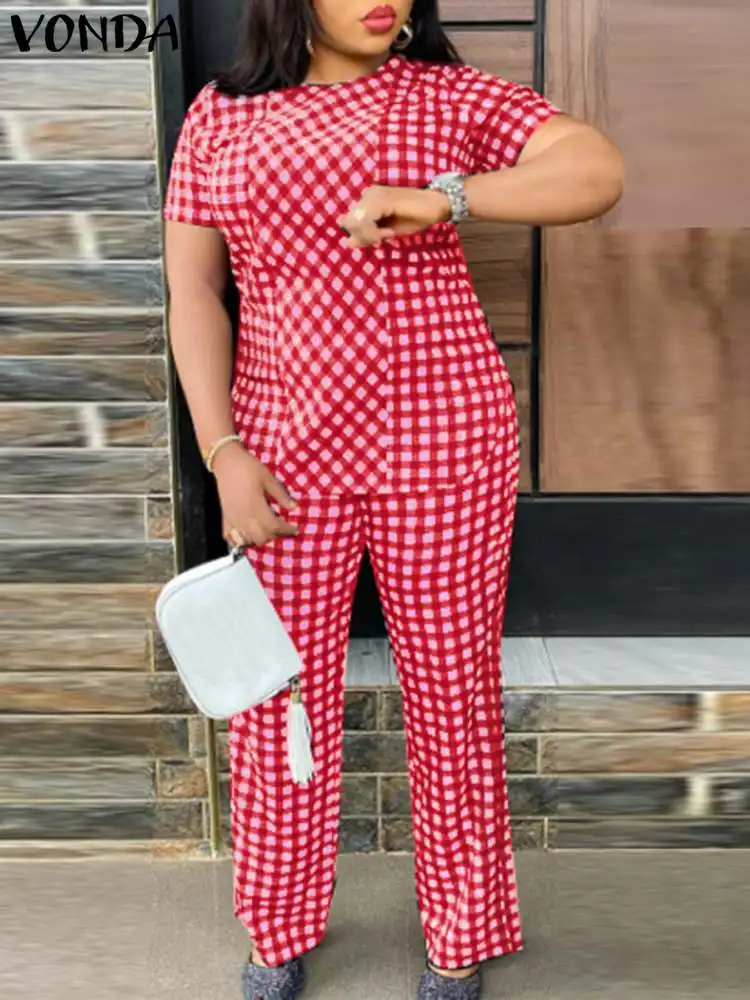 

Oversized Women Pant Sets 2024 VONDA Summer 2PCS Casual Loose Plaid Matching Sets Vintage Short Sleeve Tops and Wide Leg Pants