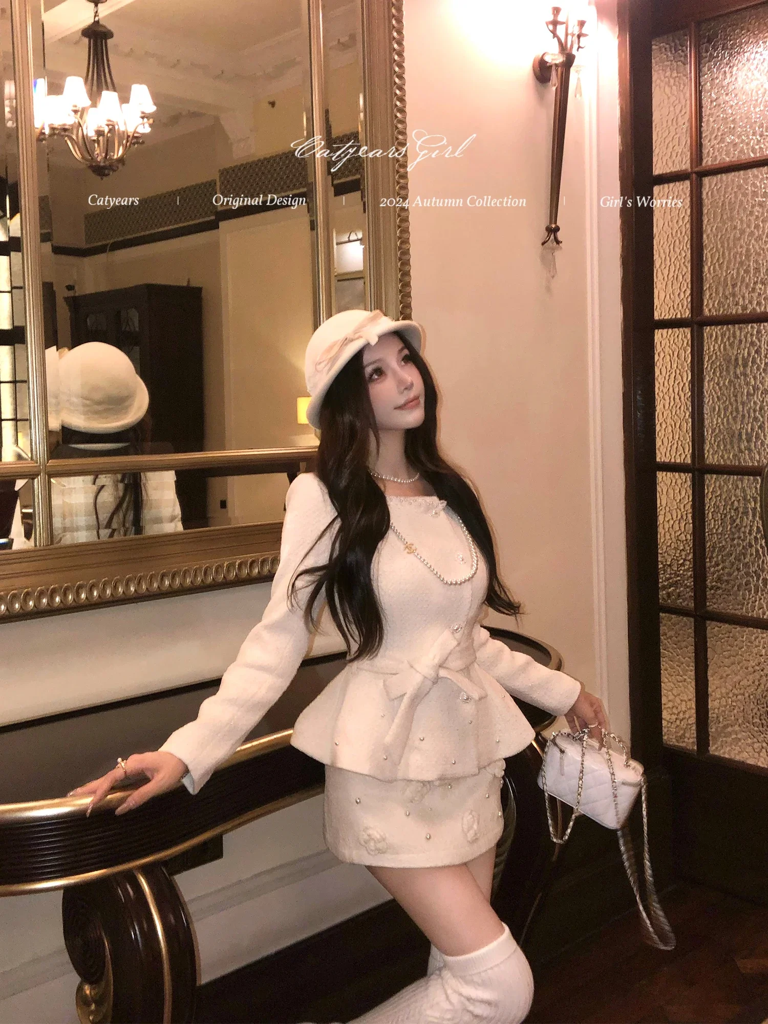 Fur Collar Shawl Wool Coats 3d Flower A Line Skirt Two Piece Sets Pearl Lace Up White Elegant Ladies Outfit Birthday Evening