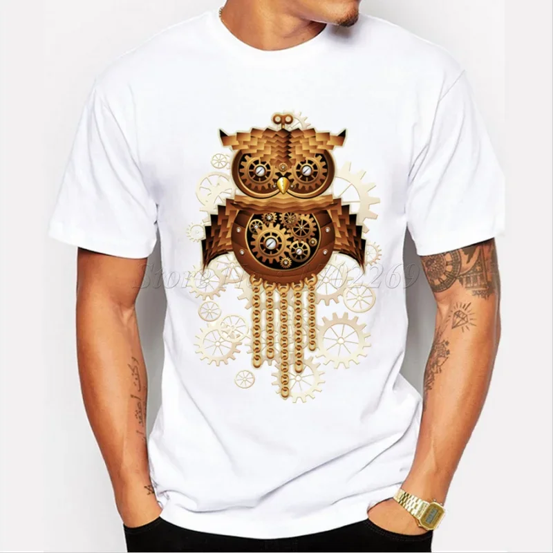 vintage printed men's casual t-shirt male retro design funny tops/tee New arrival steam punk style cat/owl/Chameleon