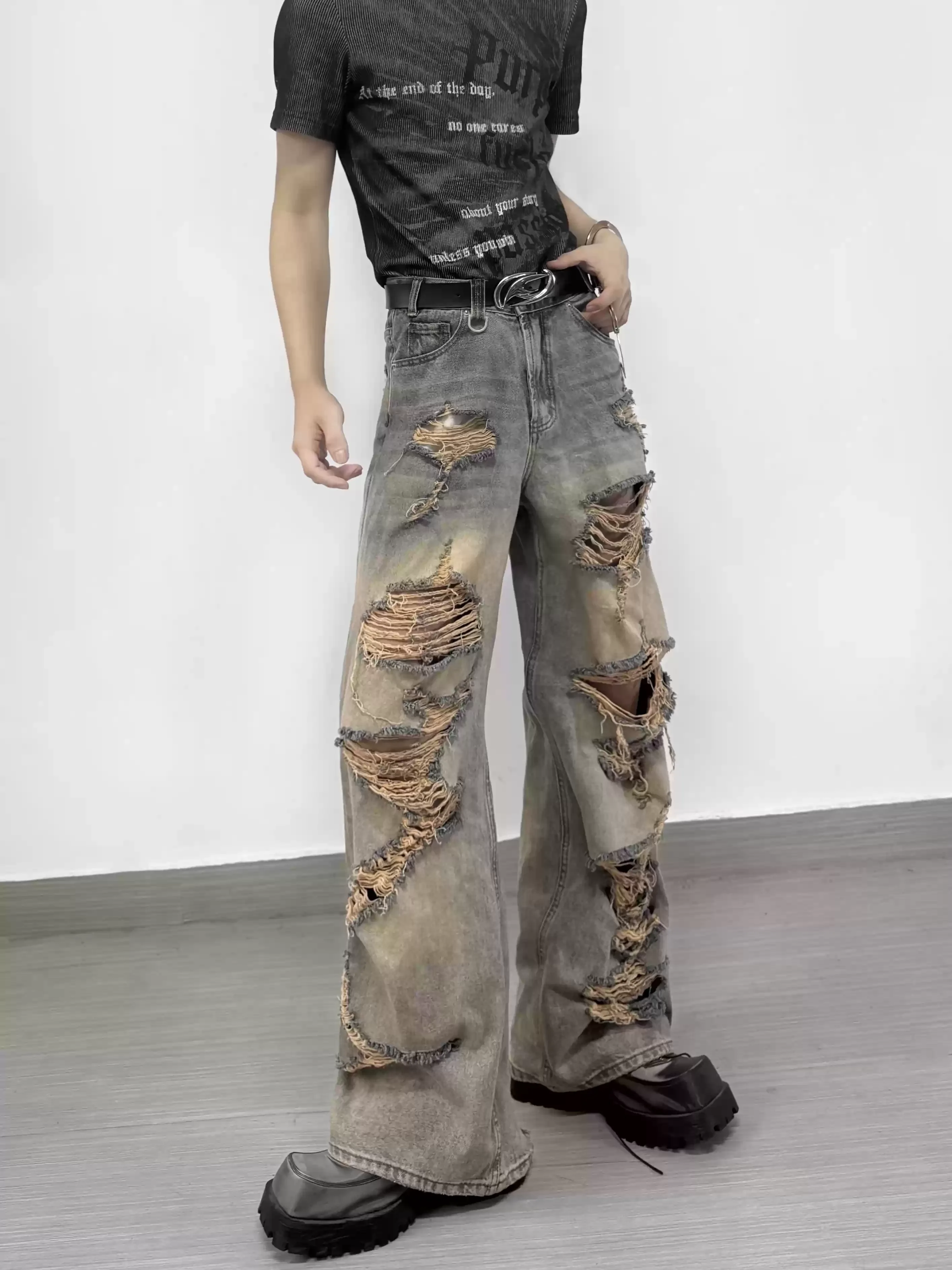 American Fashion HighStreet Trendy Men's Jeans Retro Holes Loose Casual High Waist Wide Leg Trousers Mopping Denim Pants For Men