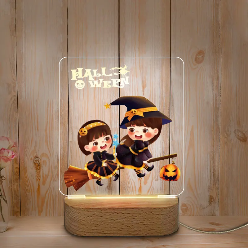 Veilleuse LED USB personnalisée avec base en bois, impression de documents, décoration d'Halloween, veilleuse pour la maison, chambre de bébé et de mère