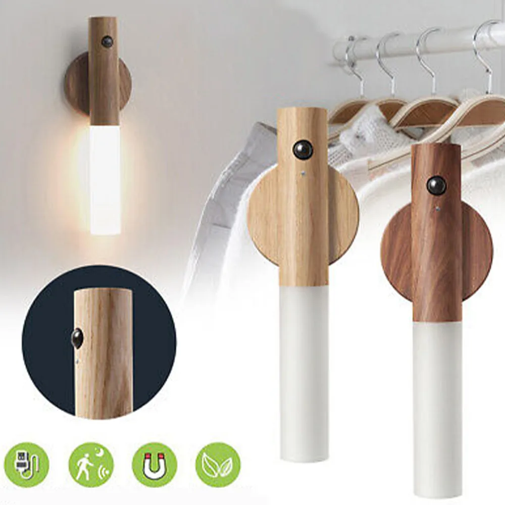 Luz de Passagem com Sensor Automático Design em Madeira Recarregável por USB Ideal para Segurança Noturna em Casa