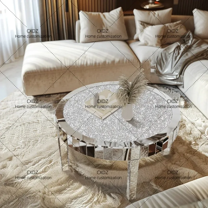 XXLarge Round Mirrored Coffee Table Beveled Bling Crushed Diamond End Table