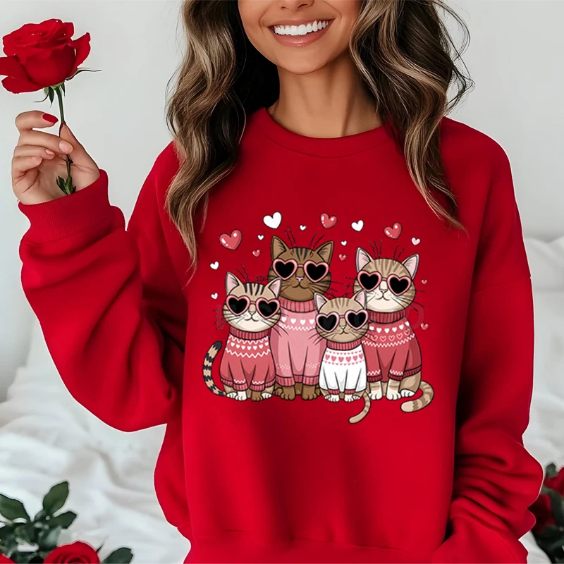 

Valentine's Cat Print Sweatshirts Fashion Hoodie Kids Hip Hop Street Ladies Valentine's Cat Autumn Clothing Hoodie for Women