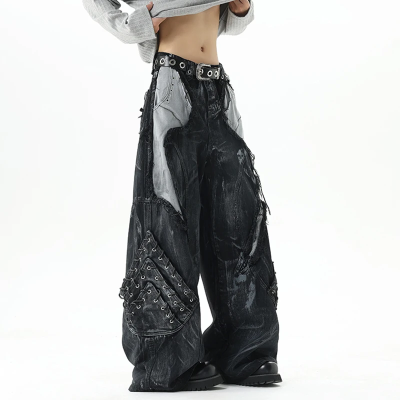 High Street Men's Denim Trousers Patchwork Contrast Color Drawstring Raw Edge Dirty-dying Worn-out Male Jeans New